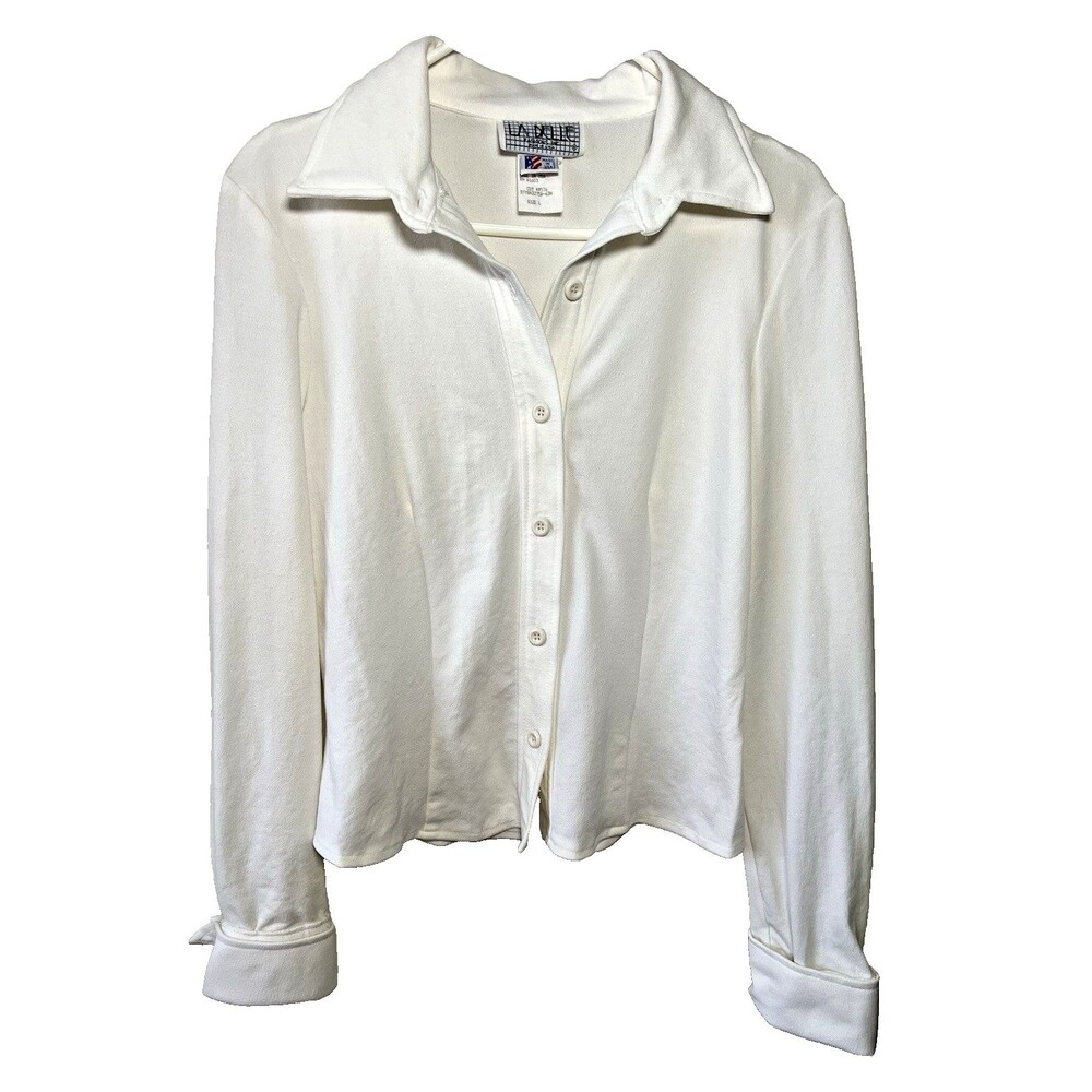 La Belle White Collared Button-Up Knit Top Long Sleeve Polyester Spandex Size L
